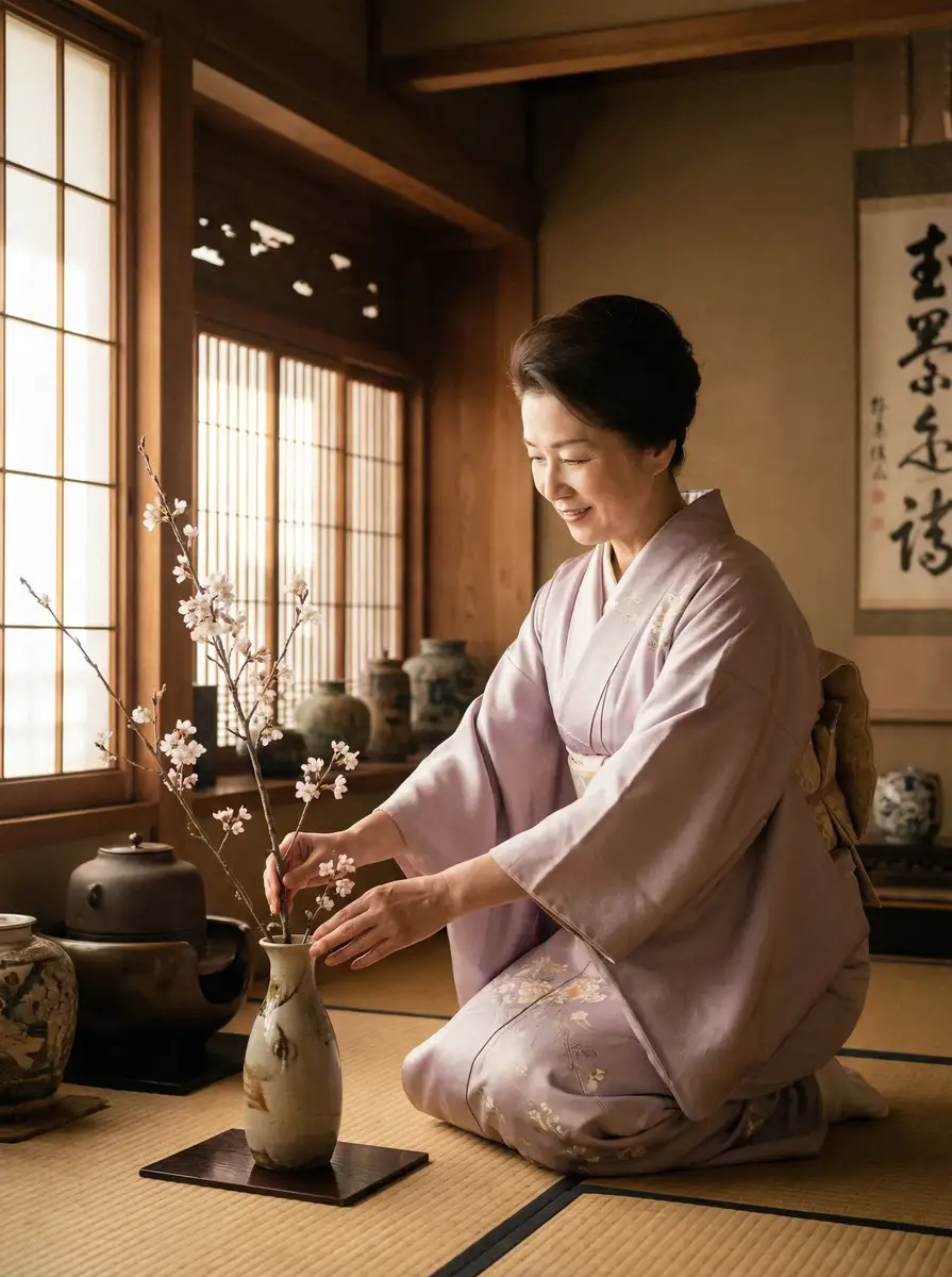 一位优雅的 ob体育平台app 在和室中插花